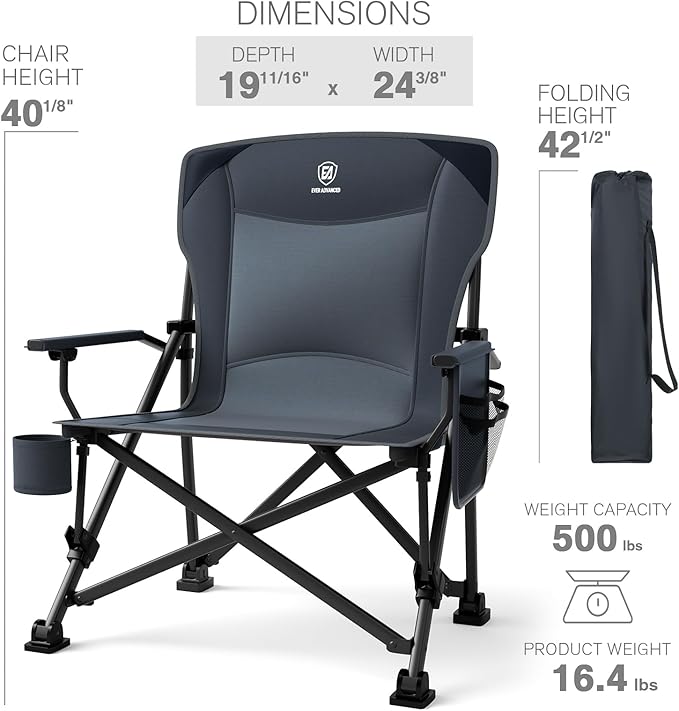 EVER ADVANCED Oversized Folding Camping Chair, for Adults Heavy Duty Lawn Chair with Side Pockets, Portable Collapsible Quad Chair for Outside, Support Up to 500lbs, Grey EVERADVANCED