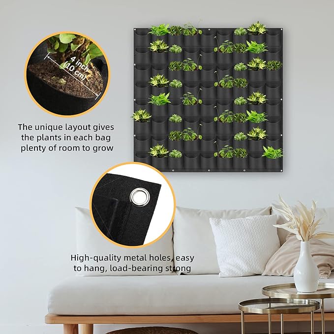 Hanging Planting Grow Bags, 72 Pockets Hanging Vertical Wall Planter Wall Mounted Grow Bag Outdoor Indoor Gardening Vertical Greening Flower Container, Planting Bags Storage Bags(1.0 m × 1.0 m, Black) LITLANDSTAR