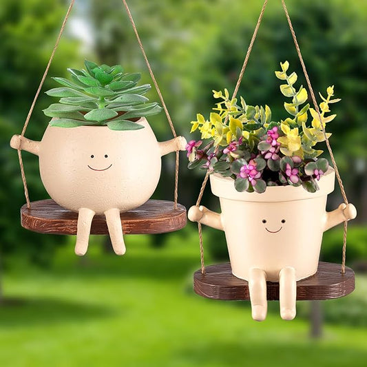Domensi 2 Pcs Swing Hanging Planter Cute Smile Flower Face Pot Indoor Outdoor Pots for Succulent String of Pearls Plants Plant Ideal Gifts for Christmas Birthday(Swing Mixed Shapes,Mixed Sizes) Domensi