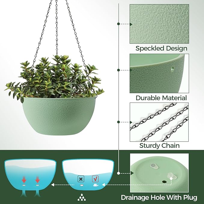 T4U 8 Inch Hanging Planter for Indoor Plants, 2 Pack Small Pots with Drainage Holes, Flower Basket Plant Holder for Home, Green T4U