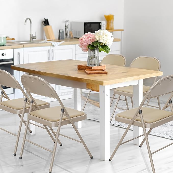 VINGLI 6 Pack Folding Chairs with Padded Seats, Metal Frame with Pu Leather Seat & Back, Capacity 350 lbs, Set of 6, Khaki VINGLI