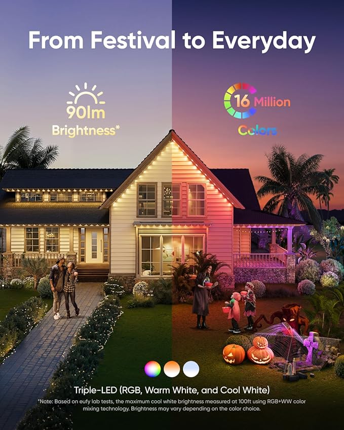 eufy Permanent Outdoor Lights E22, 100ft+ 50ft kit (Total 150ft) with 90 Triple-LED Lights, Smart RGBWW, Up to IP67 Waterproof, AI Lighting Themes for Halloween, Christmas, Links with Cameras, White eufy