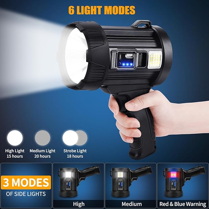 Rechargeable Spotlight, 99000 Lumens Bright LED Spotlight Flashlight, Long Running Spot Light Searchlight, Outdoor Handheld Spotlights with Solar Panels for Hunting,Camping,Boat,6 Spotlight Modes Sigoobal