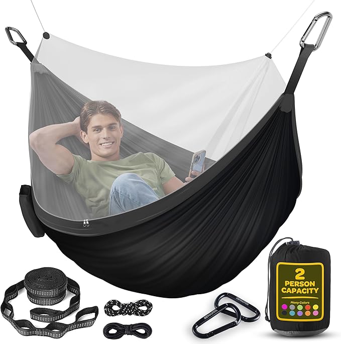 Durable Hammock 500 lb Capacity, Nylon Camping Hammock Chair - Double or Single Sizes w/Tree Straps and Attached Carry Bag - Portable for Travel/Backpacking (Large, Black with Net) Sewanta