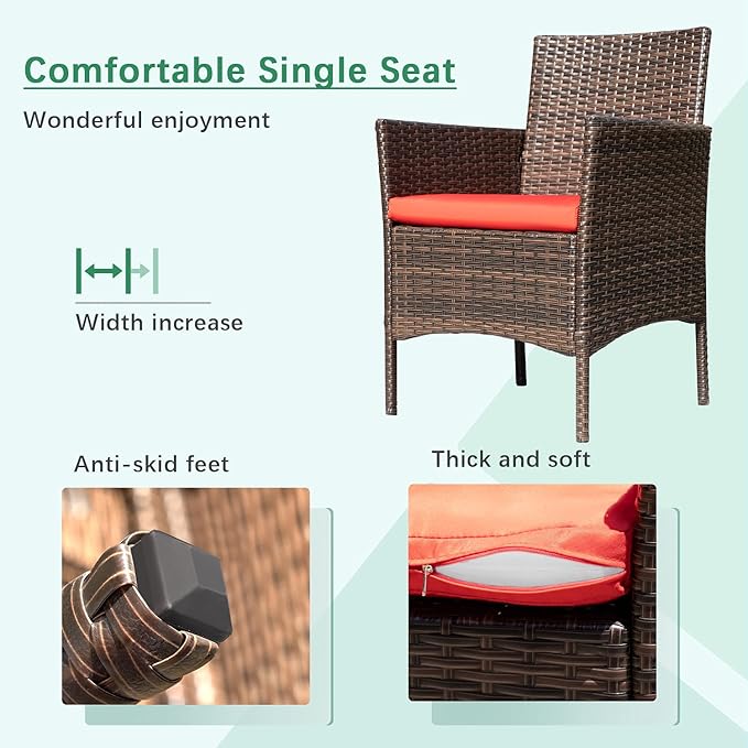 Greesum Patio Furniture 4 Pieces Conversation Sets Outdoor Wicker Rattan Chairs Garden Backyard Balcony Porch Poolside loveseat with Soft Cushion and Glass Table, Brown and Red BuynowfromGreesum