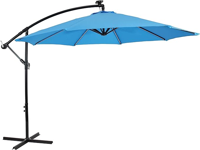 Sunnydaze 10' Solar Offset Patio Umbrella - Solar Cantilever Umbrella Outdoor with LED Lights - Polyester Shade, Air Vent, & Cross Base SunnydazeDecor