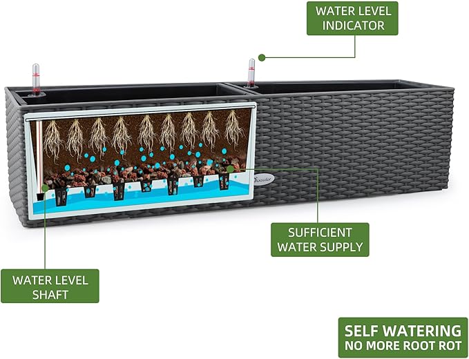 Dexceder 31.5 Inch Rattan Self Watering Planter Indoor Outdoor, Thickened Large Rail Flower Plant Pot Window Box with Water Level Indicators & Bracket (Deep Gray) Dexceder