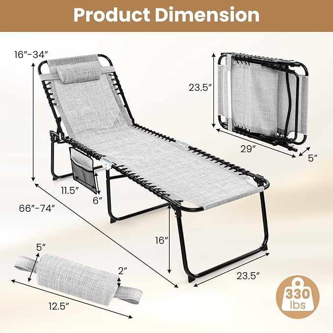 GYMAX Lounge Chairs for Outside, Extra High Folding Beach Tanning Lounger with Adjustable Backrest, Footrest & Removable Pillow, Sunbathing Lounge for Patio, Poolside (1, Grey with Pocket) GYMAX