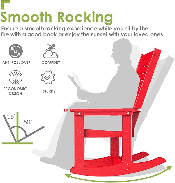 GREENVINES Outdoor Rocking Chairs | Set of 2 | Porch Rocker | HDPE Plastic | Red | Oversized Rockers | High Back | Big & Tall | Ladder Back | for Patio Outside Backyard Balcony GreenVines