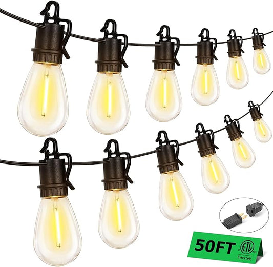 50FT Outdoor String Lights with 25 Shatterproof S14 Vintage Edison Bulbs E12 Sockets,2700K Dimmable Outdoor Lights,IP55 Waterproof LED String Lights for Outside, Patio, Garden, Backyard,Bistro TDLOL