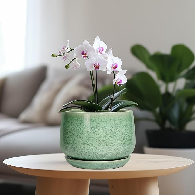 G EPGardening Ceramic Plant Pot - 7 Inch Ceramic Planter for Indoor Outdoor Plants, Flower Pot with Drainage Hole and Tray, Modern Round Planter, Plants Lovers Gifts, Home Garden Decor, Green GEPGardening