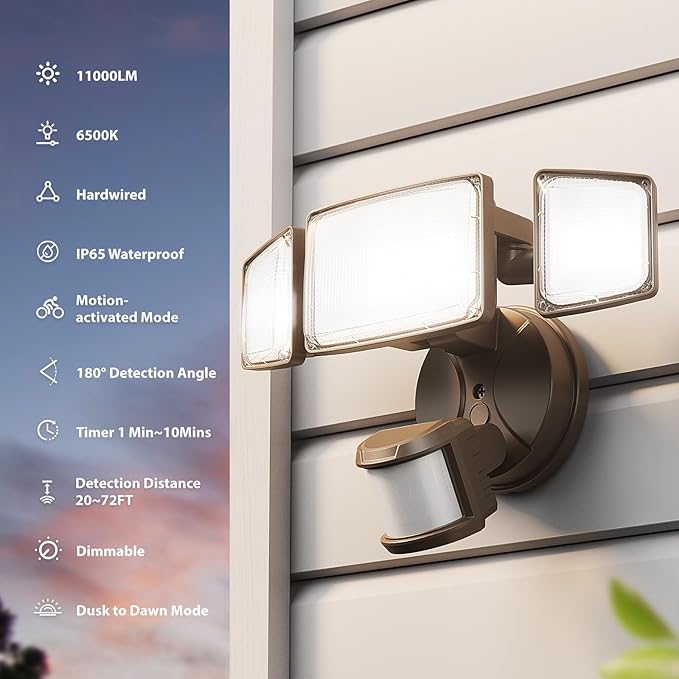 Onforu 100W LED Motion Sensor Outdoor Lights, Dusk to Dawn Flood Light Outdoor Motion Sensor, Hardwired Security Lights Floodlights Outside 11000LM 6500K Daylight IP65 Waterproof (Brown) Onforu