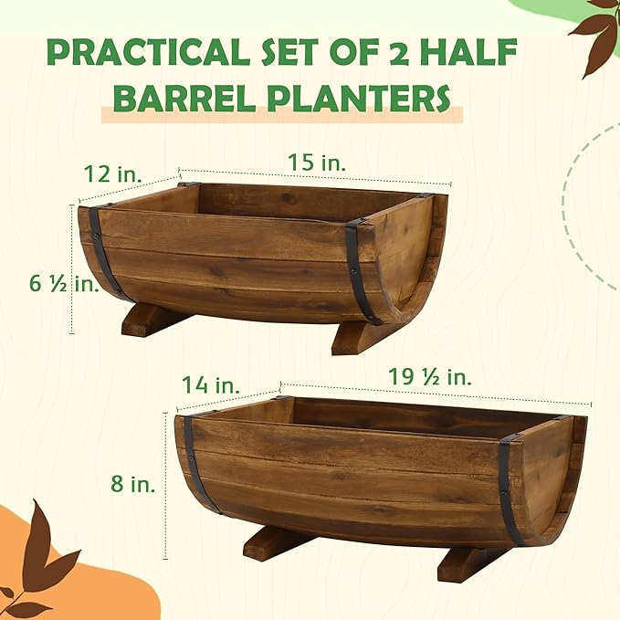 IDZO Solid Acacia Wood Half Barrel Planters Outdoor Set of 2 Different Sizes, Wooden Planters for Outdoor Plants with Metal Bands & Drainage Holes, Legs Included, Brown Idzo
