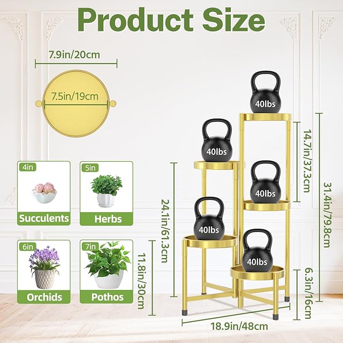 iDavosic.ly Plant Stand Indoor Outdoor, 5 Tier Corner Metal Flower Display Holder Shelf, Easy Assembly Folding Tall Orchid Rack for Patio Balcony Porch Garden Living Room House, Gold iDavosicly
