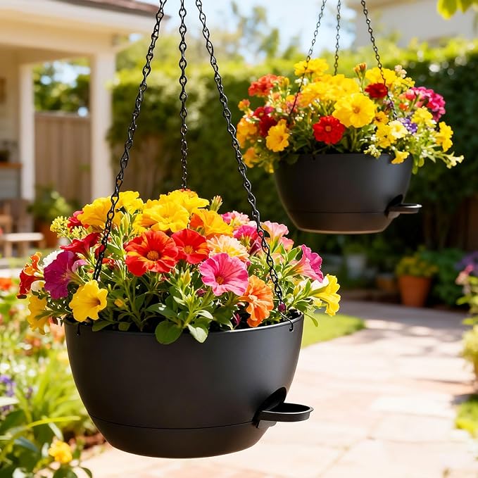 12 Inch Hanging Baskets 2 PC with Chains, Self-Watering Hanging Planters for Indoor Outdoor Plants, Plastic Hanging Flower Pots,Black SQKH