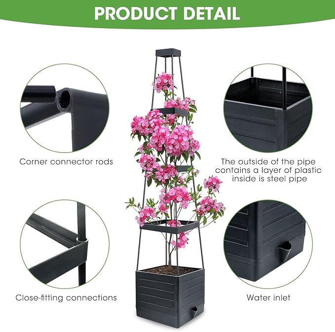 Raised Garden Bed 4 Packs, Planter Boxes with Trellis 58.3'' Tomato Planters for Climbing Vine Vegetables Flowers Plants Self Watering Tomatoes Cage for Outdoor Patio Greenhouse MYMULIKEHOME