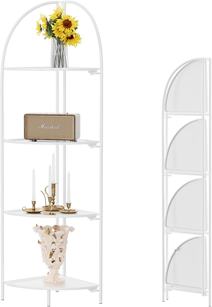 Crofy Foldable 4 Tier Corner Shelf, Metal Corner Plant Stand with White Frame and White Shelves, Corner Display Rack Multipurpose Shelving Unit for Living Room, Bedroom, Bathroom CrofyLLC