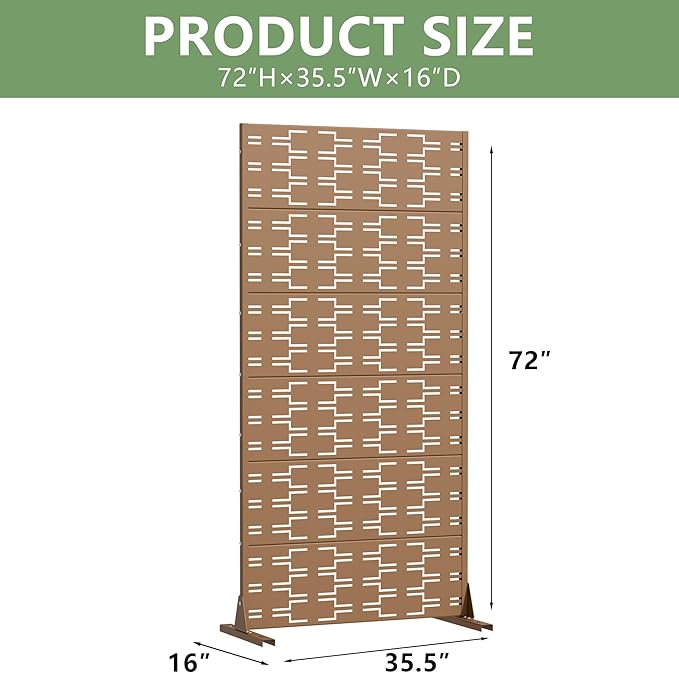 Casaphoria Metal Privacy Screen Outdoor, 72" H x 35" W Freestanding Decorative Privacy Screen for Patio Deck Balcony Garden with Stable Base, Brown-Brick Casaphoria