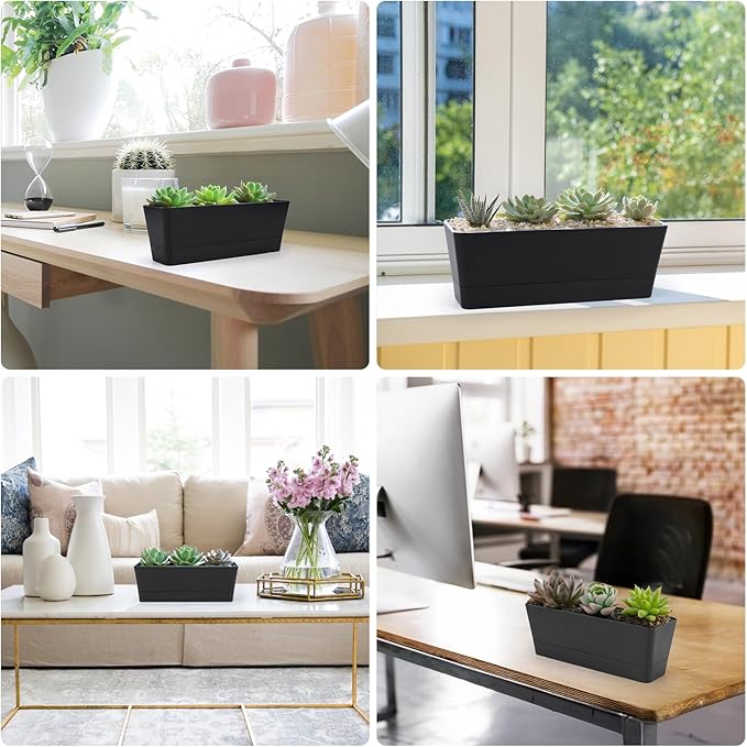 GREANER Rectangle Window Boxes, 6PCS 16x3.8 Inch Black Herb Planters with RemovableTray and Drainage Hole, Succulent Flowers Plastic Pot for Balcony, Office, Windowsill, Garden, Outdoor Decoration Use GREANER