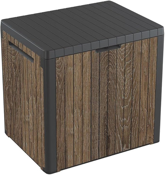 Keter Signature Everwood 30 Gallon Resin Deck Box for Outdoor Storage – Weather‑Resistant Balcony & Patio Box for Cushions, Throw Pillows & Garden Tools, Walnut Keter