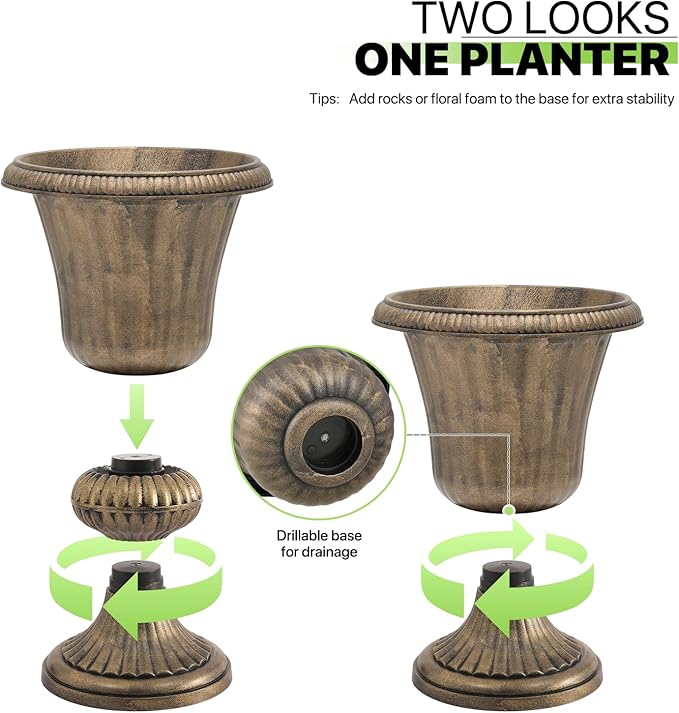 Magshion 20" Urn Planters for Outdoor Plants, Large Decorative Front Porch Planters Set of 2, Weatherproof Tall Plastic Flower Pots for Garden, Patio & Entryway Décor, Antique Brass Magshion