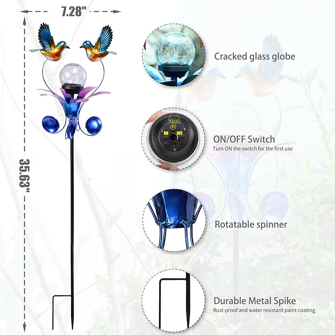 VCUTEKA Solar Lights Outdoor Metal Garden Stake Waterproof Crackle Glass Globe Garden Decor Blue Jay Bird for Pathway, Lawn, Patio, Yard VCUTEKA