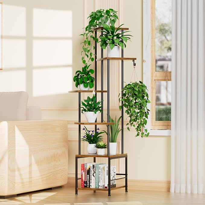 Plant Stand Indoor with Grow Light, 6-Tiered Tall Plant Stand Indoor, Metal Plant Shelf with Hanging Basket Hook and Adjustable Light, Ideal for Living Room, Garden, Patio, （Brown and Black） Homsorout