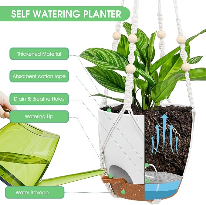 Hanging Planters for Indoor Outdoor Plants, 2 Pack Self Watering Hanging Pot with Drainage Holes, Removable Tray & 2 Kinds of Plant Hangers, 8'' Hanging Flower Pots for Home Garden Decor, White Vanslogreen