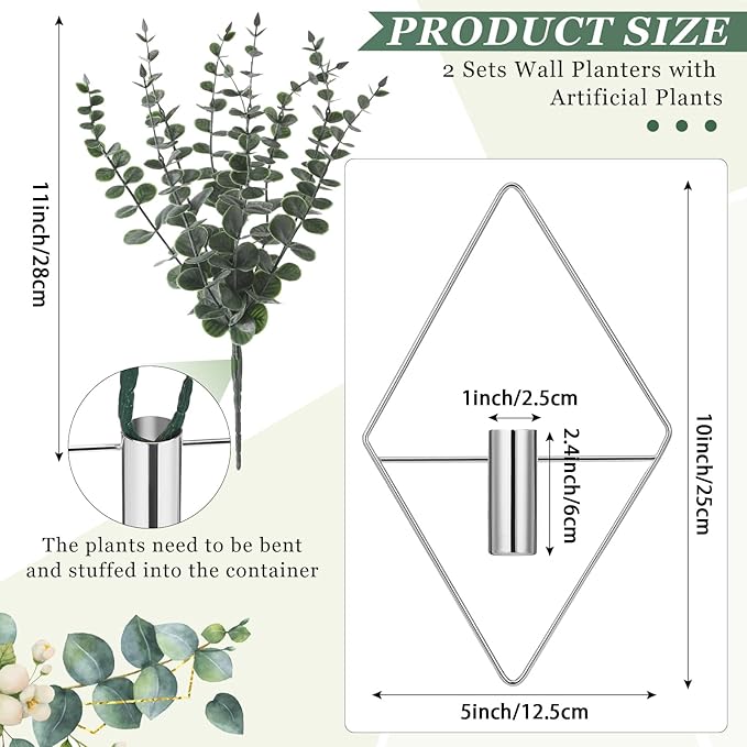 Jexine 8 Pcs Hanging Planters with Artificial Eucalyptus Metal Hanging Vase Indoor Plants Holder Modern Geometric Boho Bathroom Wall Decor for Living Room Home Office (Eucalyptus,Chrome Sliver) Jexine