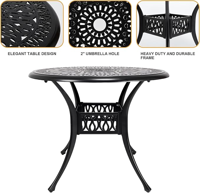 35" Outdoor Dining Table, Cast Aluminum Patio Bistro Table with 2.44" Umbrella Hole, Patio Furniture for Backyard Garden, Black PATIO-IN