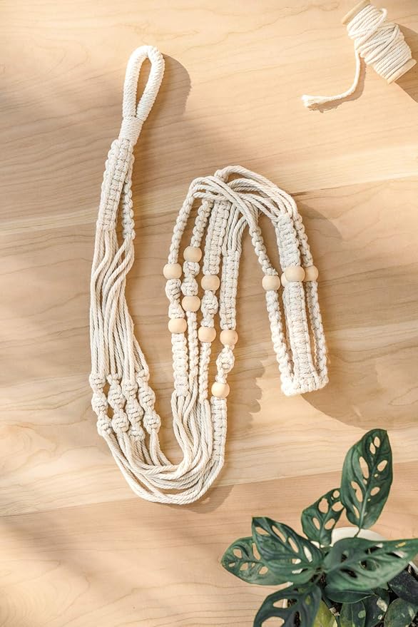 Mkono 43 Inch Macrame Plant Hanger Large for up to 12 Inch Pot Extra Long Hanging Plant Holder No Tassels Hanging Planter Basket with Wood Beads for Indoor Outdoor Boho Home Decor, Ivory Mkono