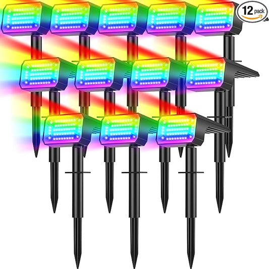 Solar Color Changing Spot Lights Outdoor Waterproof IP65, [12 Pack/32 LED/7 Modes] 2-in-1 Landscape Spotlights, Auto On/Off High Lumens Spot Lights for Outside Yard Garden Pathway Walkway NACINIC