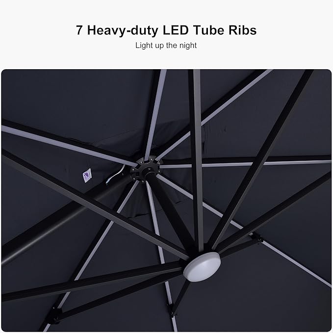 PURPLE LEAF 10 Feet Patio Umbrella Outdoor Cantilever Solar Powered LED Square Umbrella Aluminum Offset Umbrella with 360-degree Rotation for Garden Deck Pool Patio, Grey PURPLELEAF