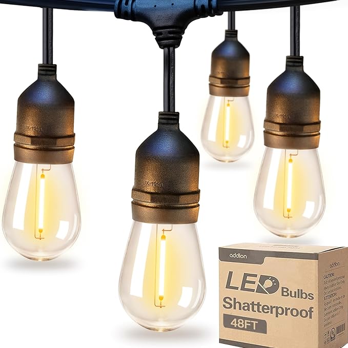 addlon LED Outdoor String Lights 48FT with Edison Vintage Shatterproof Bulbs and Commercial Grade Weatherproof Strand - ETL Listed Decorative Lights for Patio Garden addlon