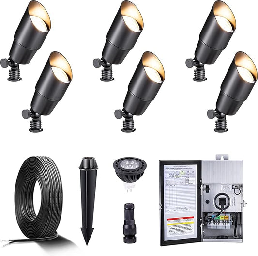Gardenreet Black Brass Low Voltage Landscape Spotlights(6-Pack) Kit 12V LED with Low Voltage Transformer 150W & Mechanical Timer & 100FT Wire & 30Pack Connectors for Outdoor House Garden Patio Gardenreet