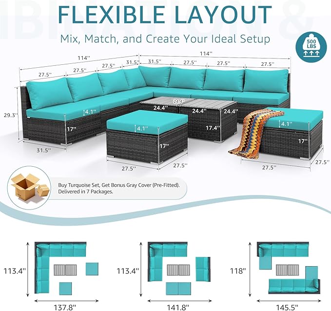 NICESOUL 11 Piece L Shaped Outdoor Conversation Set, 29.3'' High Back Comfy Wicker Patio Sectionals, Large Size Wide & Deep Seat Sofa Couches, 9 Seater Modern Furniture, 2 Color Cushion Teal & Gray NICESOUL