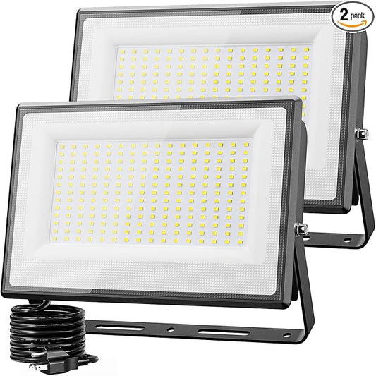 Olafus 2 Pack 200W LED Flood Light Outdoor, 18000LM Super Bright IP66 Waterproof Exterior Security Lights with Plug, 6500K Daylight White Exterior Floodlights for Stadium Yard Barn Olafus