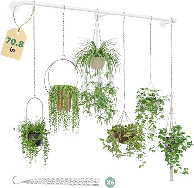 Plant Hanger Indoor with 6 Hanging Chains Hanging Planters for Indoor Plants Hanging Plant Holder Window Plant Shelves White Metal Rod(Pot not Included Galood
