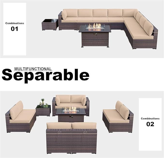 Kullavik 10 Pieces Outdoor Patio Furniture Set with 43" 55000BTU Gas Propane Fire Pit Table PE Wicker Rattan Sectional Sofa Patio Conversation Sets,Khaki KULLAVIK