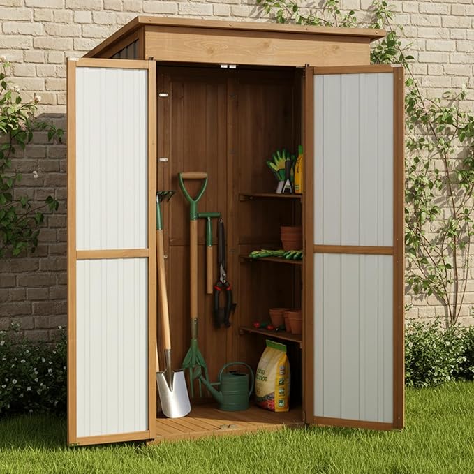 51" L Outdoor Storage Cabinet Waterproof with Shelves, Outside Storage Shed Backyard Tall Cabinet with Fold-Out Table for Patio, Garage, Garden, Pool Accessories Storage PETSCOSSET