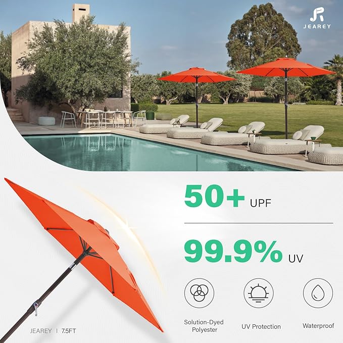 JEAREY 7.5FT Patio Umbrella Market Table Umbrella with 6 Sturdy Ribs, Push Button Tilt/Crank Outdoor Umbrella for Garden, Deck, Backyard, Pool and Beach,Orange JEAREYOutdoorsCollection