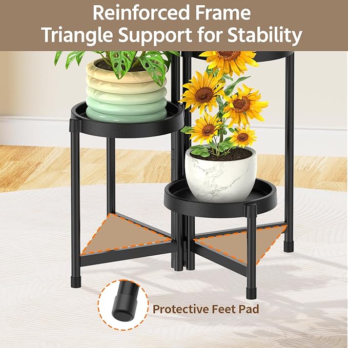 LASZOLA 4 Tiered Folding Plant Stand Indoor for Multiple Large Planter, Tall Heavy Duty Adjustable Rack with Rust Proof Plastic Shelving, Sturdy Vertical Tree Organizer for Narrow Inside Floor, Black LASZOLA