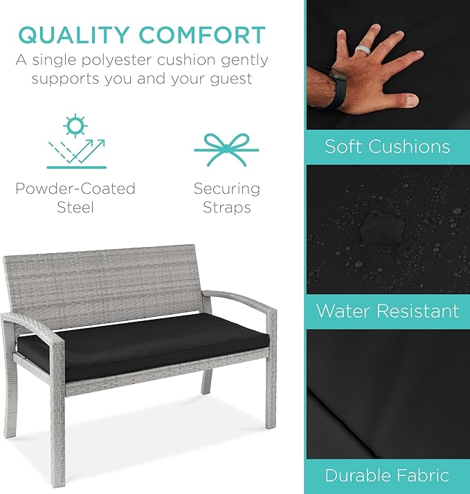 Best Choice Products Outdoor Bench 2-Person Wicker Garden Patio Benches Seating Furniture for Backyard, Porch w/Seat Cushion, 700lb Capacity - Gray/Black BestChoiceProducts