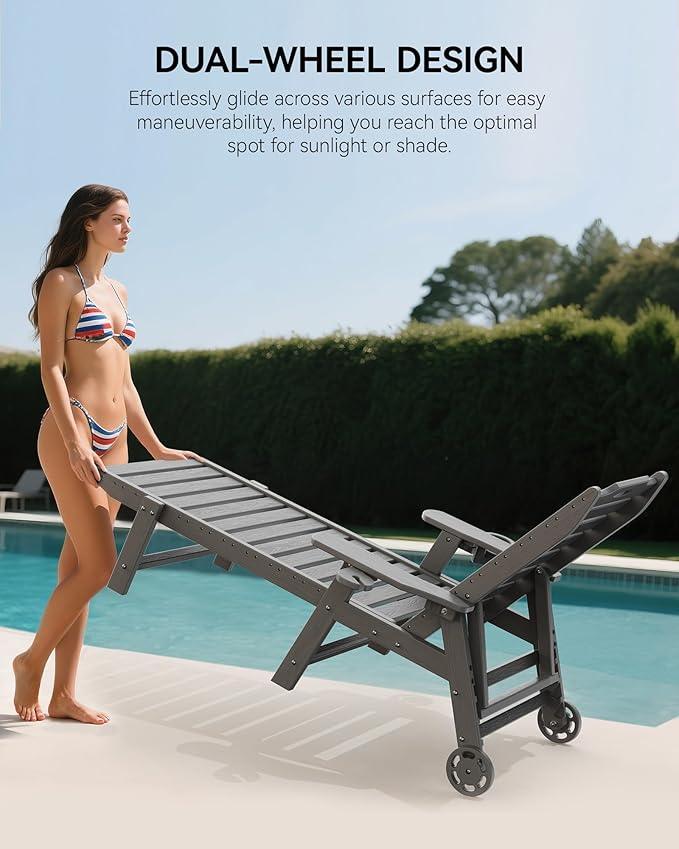 Carauci Lounge Chair Outdoor, HDPE Chaise Lounge with Wheels, 5-Position Adjustable Backrest & 2 Cup Holders Patio Lounge Chair, All-Weather Pool Sun Lounger for Poolside, Backyard, Grey Carauci