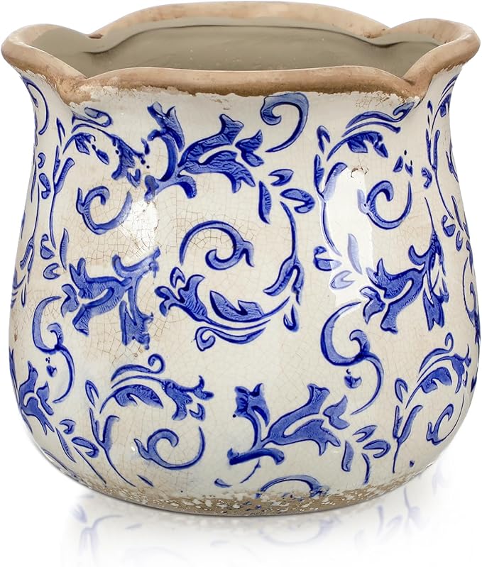 6 Inch Ceramic Plants Pots Vintage Ceramic Flower Planters Crackle Glaze Finish Flower Pots Decorative Floral Vintage Planters for Living Room Garden Home Decor Gifts(Chinoiserie) Newtay