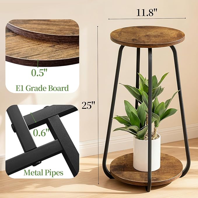 Plant Stand Indoor, 2 Tier Plant Shelf Pedestal Stand Flower Stand, Metal Wood Plant Stands for Indoor Plants Living Room Balcony Deck Garden OugeWood