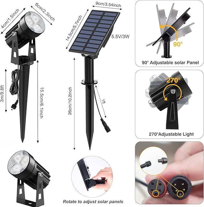 Solar Spot Lights Outdoor, Solar Landscape Spotlights IP65 Waterproof 9.8ft Cable, Auto On/Off Outdoor Wall Lights for Garden Yard Driveway Porch Walkway Pool (1-in-1 6000K Cold White 4 Pack) CREPOW