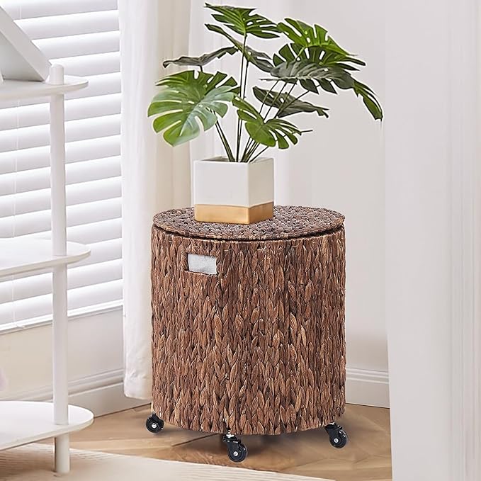 Wimarsbon Round Pouf Ottomans, Handwoven Natural Water Hyacinth Seagrass Pouffe,Outdoor Rattan Stool Accent Seat, Bohemian Coastal Home Decor (Storage Ottoman - Dark Water Hyacinth Braid) Wimarsbon