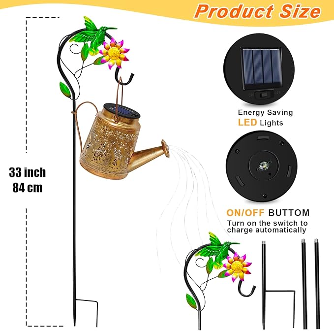 Solar Lights Outdoor Waterproof Garden Decor,Solar Watering Can Lights Hummingbird lanterns,Birthday Gifts for Mom Women,Decorative Outside Metal Hanging Fairy String Light for Yard Art Patio Porch EDOF