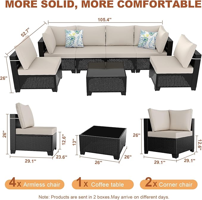 Outdoor Wicker Patio Furniture Set, Rattan Sectional Sofa Set with Thick Cushions (Coffee/Beige, 7 Piece Sofa Set) Ophelian